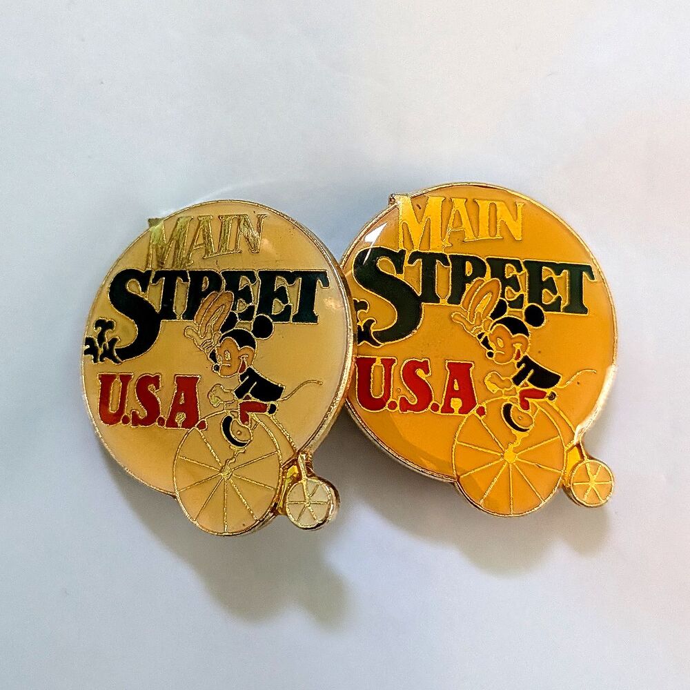 2 Vintage Disney Main Street USA Pins Mickey Mouse Disneyland 80s Lapel Trading